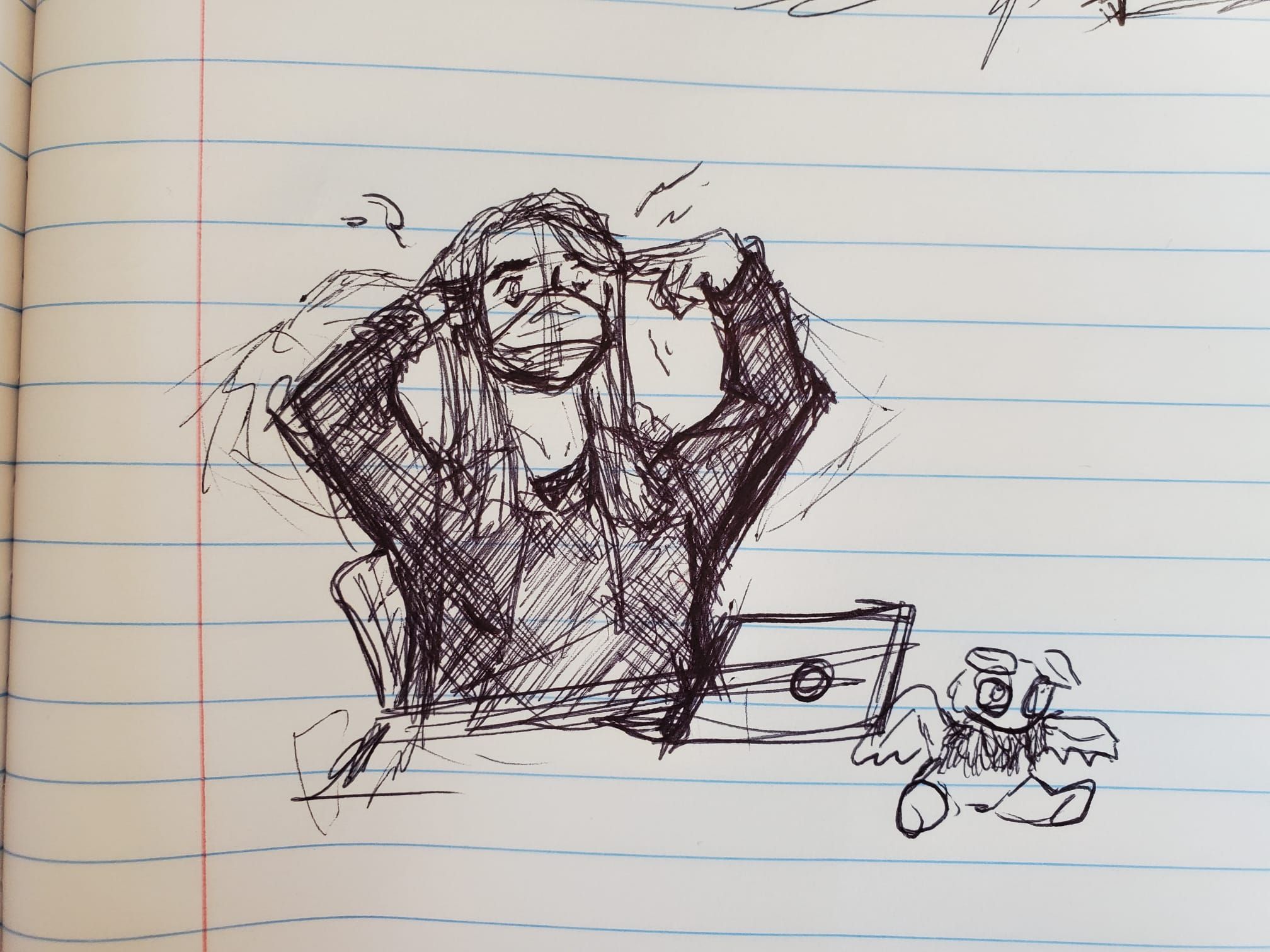 sketch of a frantic-looking person with long dark hair holding her index fingers to her temples drawn in black pen on notebook paper